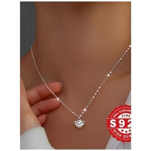 NWT-Necklace 925 Sterling Silver Plate Puff Heart Pendant Lip Chain